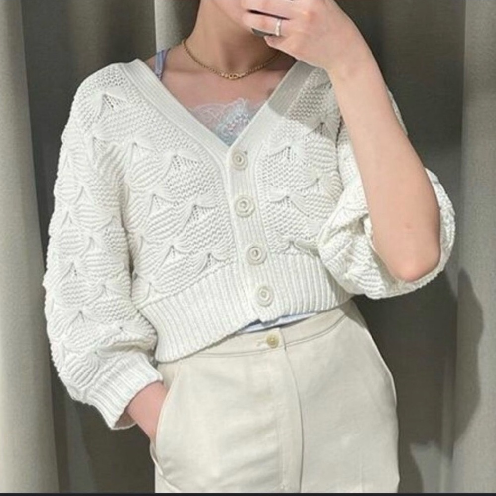 Zara Off-White Chunky Knit Button Cardigan Balloon Sleeves Bows Size Large
